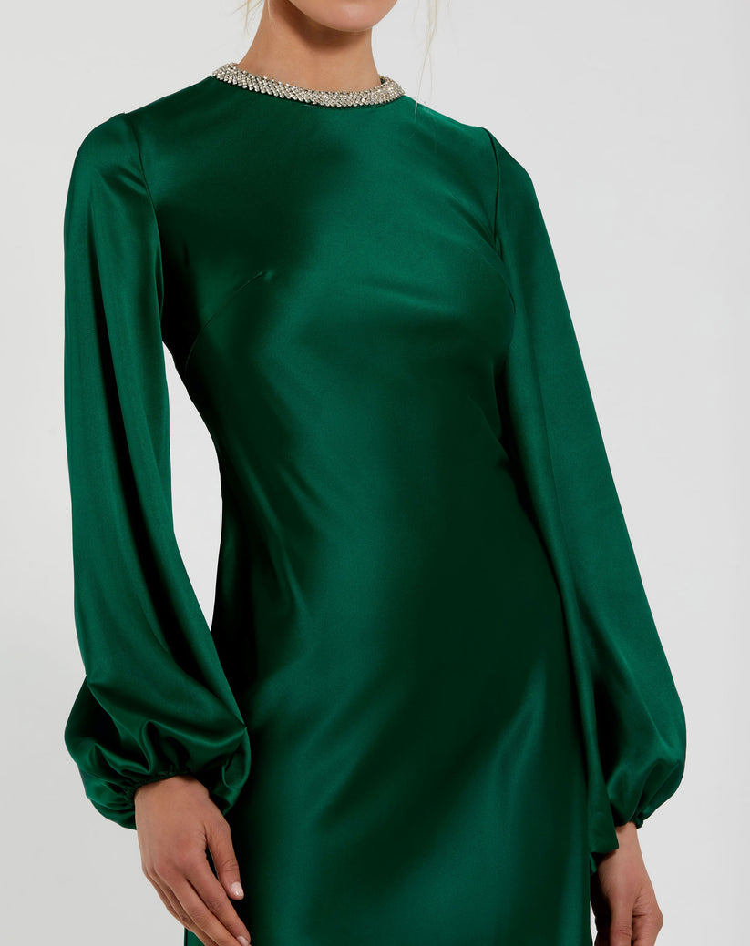 Mac Duggal 27350 Long Sleeve Satin Tea Length Dress