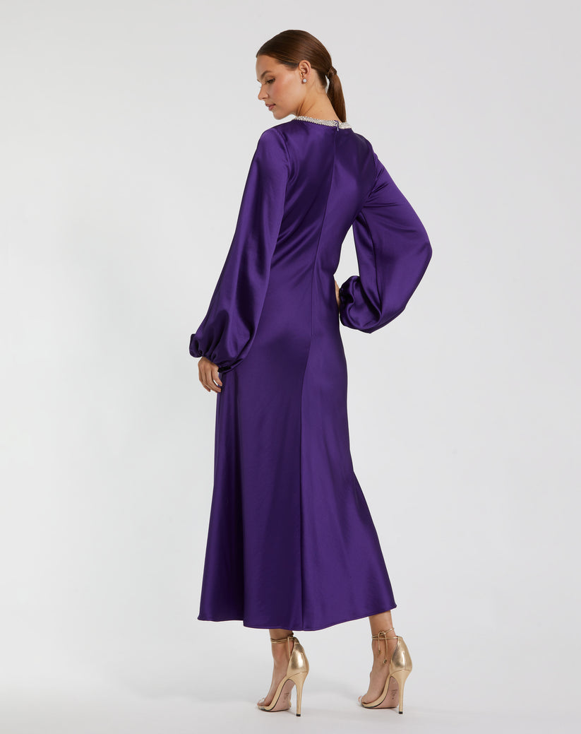 Mac Duggal 27350 Long Sleeve Satin Tea Length Dress