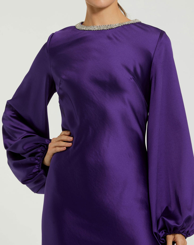 Mac Duggal 27350 Long Sleeve Satin Tea Length Dress