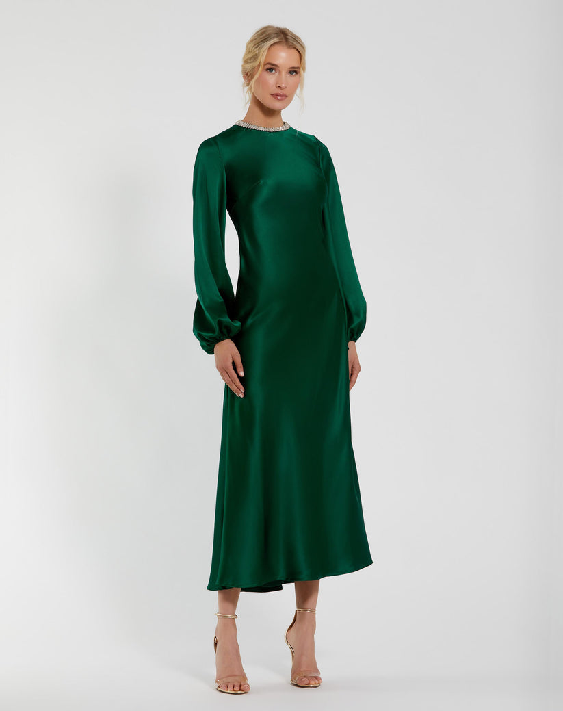 Mac Duggal 27350 Long Sleeve Satin Tea Length Dress