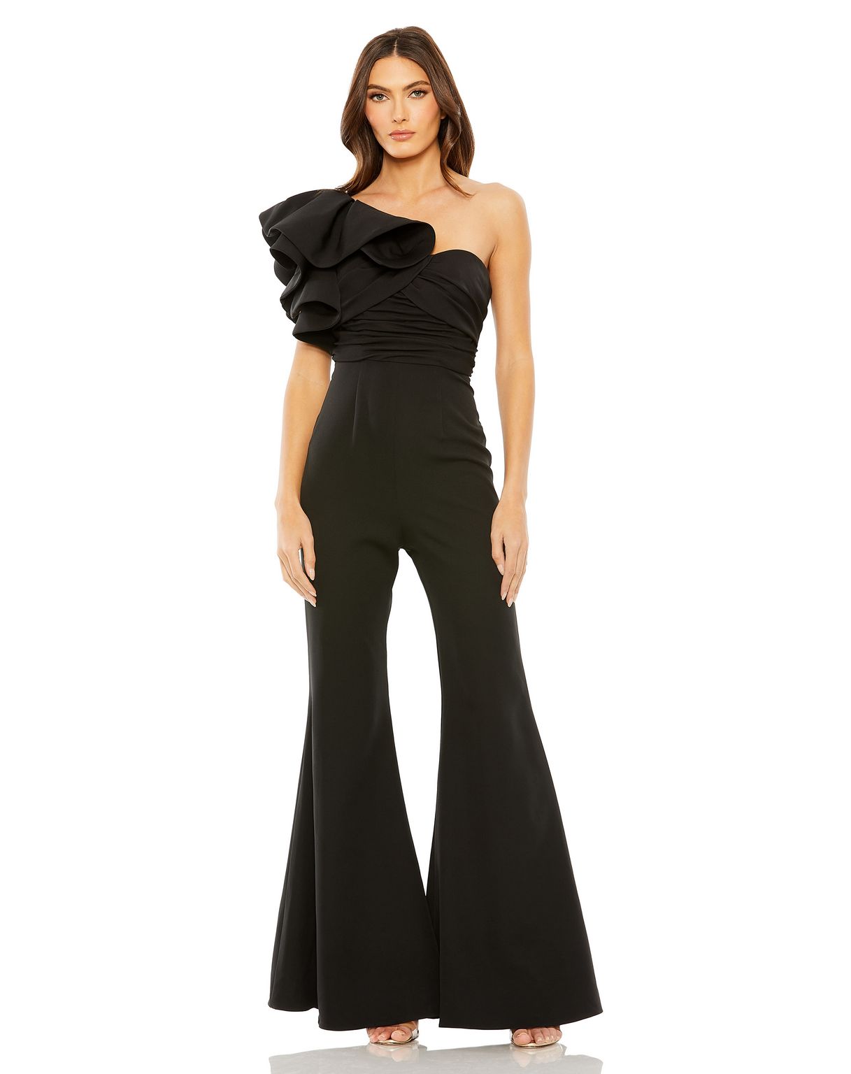 Black Mac Duggal 27460 One Shoulder Ruffle Detail Flare Jumpsuit for 498.0 The Dress Outlet