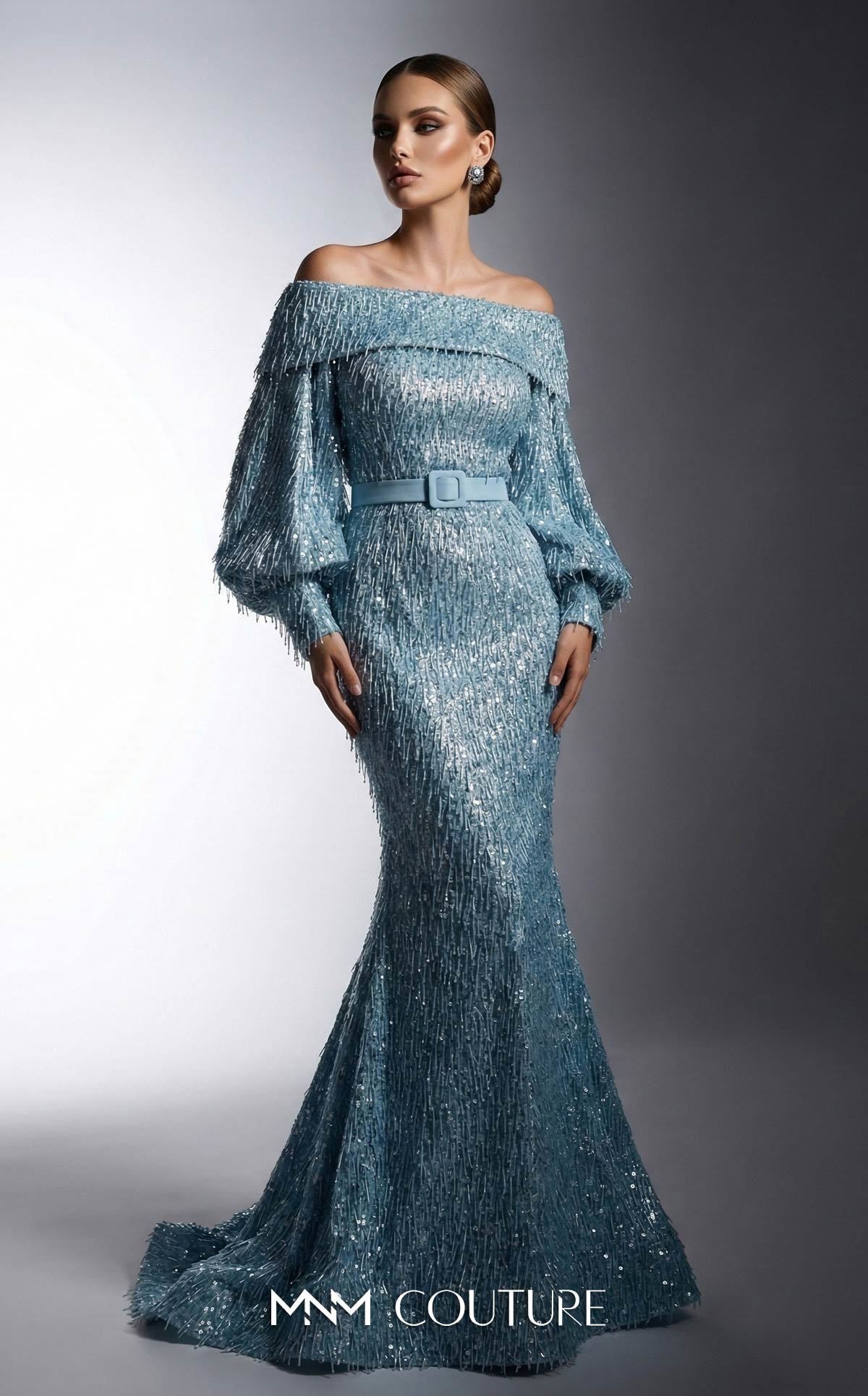 Off-the-Shoulder Floor-Length Sequin Formal Mermaid MNM Couture 2752A