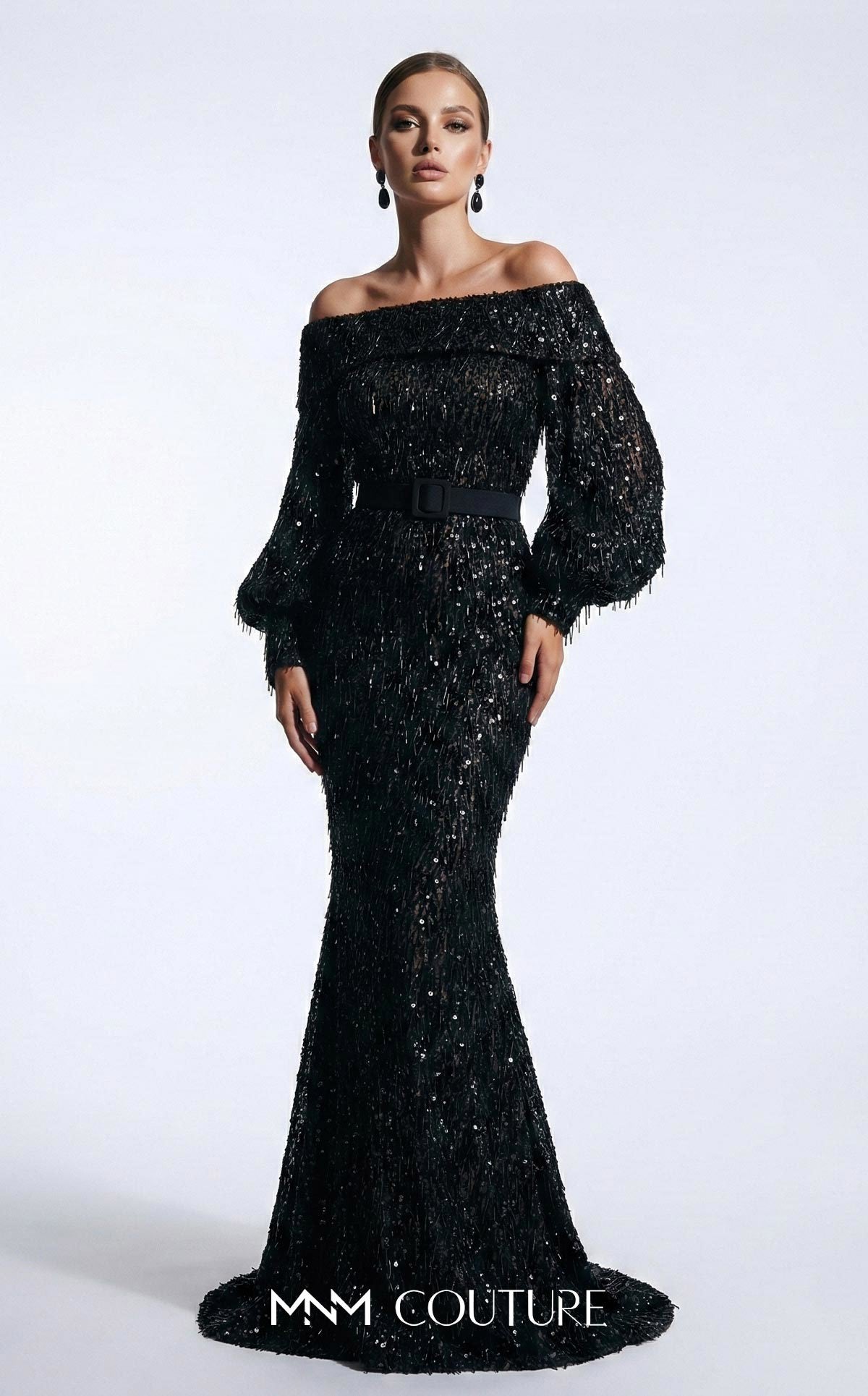 Off-the-Shoulder Floor-Length Sequin Formal Mermaid MNM Couture 2752A