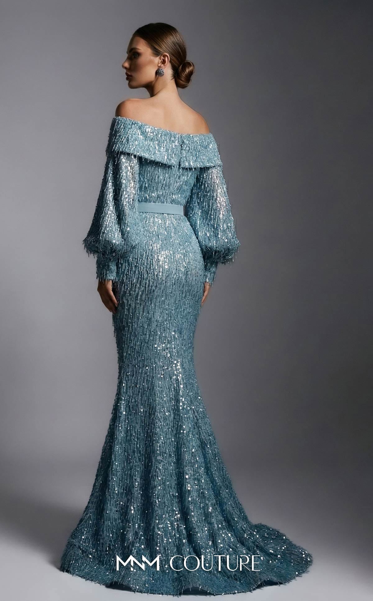 Off-the-Shoulder Floor-Length Sequin Formal Mermaid MNM Couture 2752A