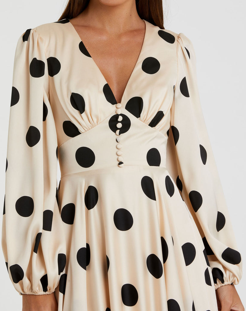 Cream Black Mac Duggal 27542 Long Sleeve Polka Dot Printed