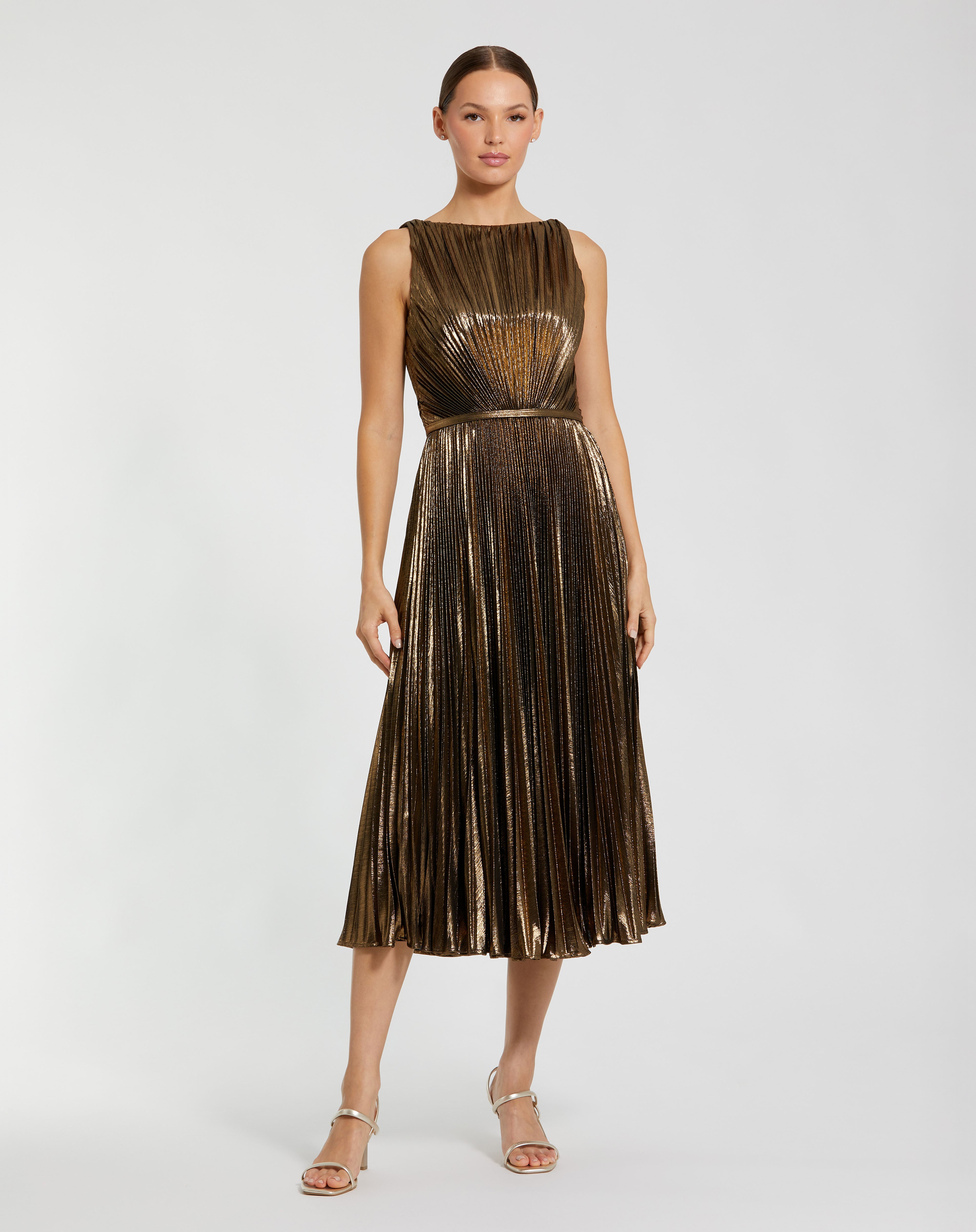 Bateau Midi Pleated Metallic Cocktail Dress A-Line Mac Duggal 27611 – The Dress Outlet