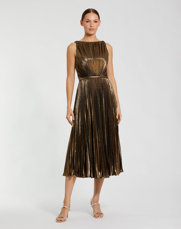 Bateau Midi Pleated Metallic Cocktail Dress A-Line Mac Duggal 27611