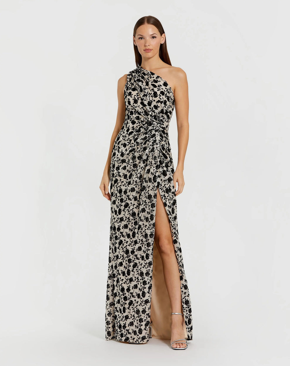 Mac Duggal 27626 Slit Long Formal Floral Velvet Sequin Formal Dress