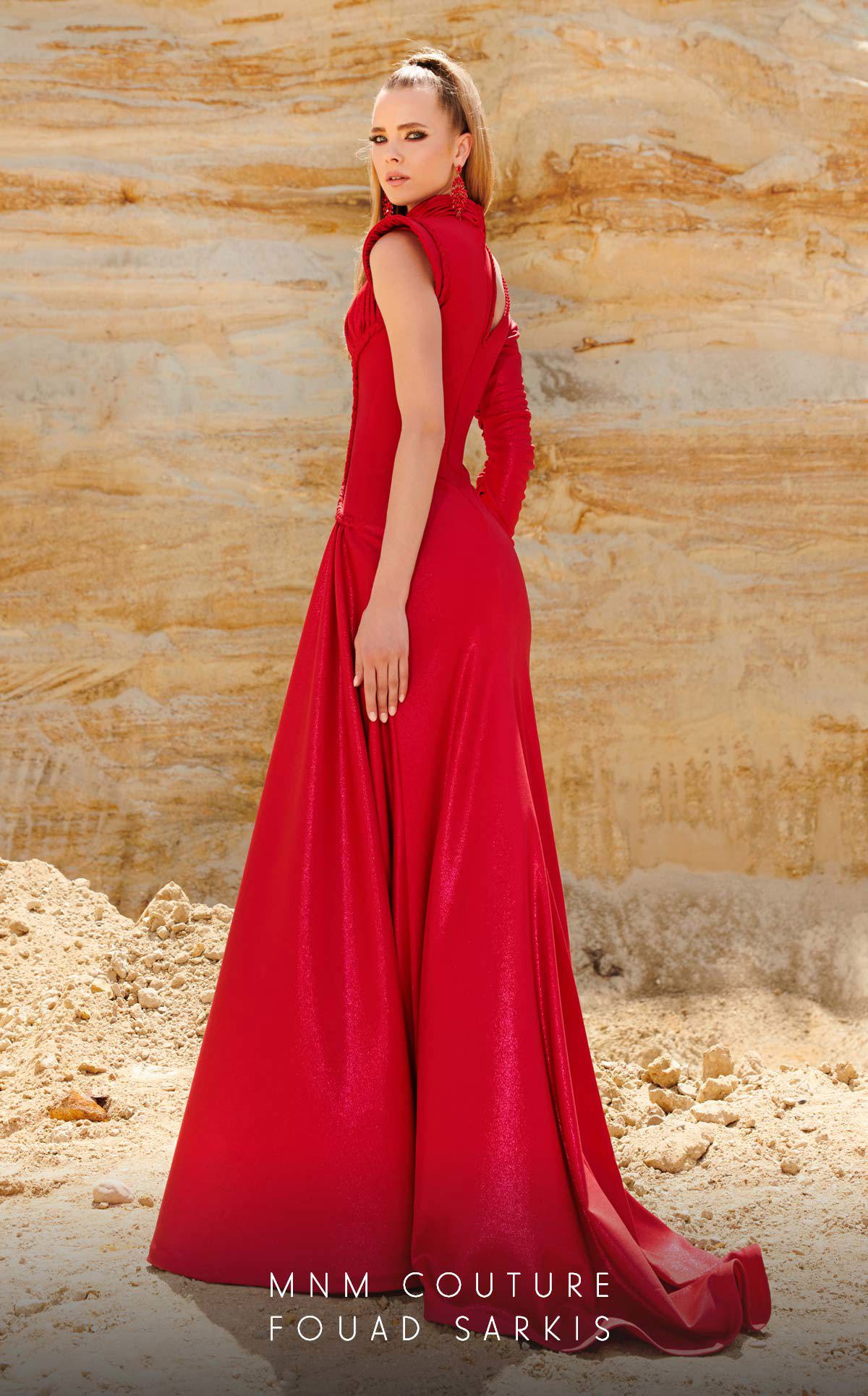 MNM Couture 2764 A Line Ruched Metallic Long Slit Formal Evening Dress