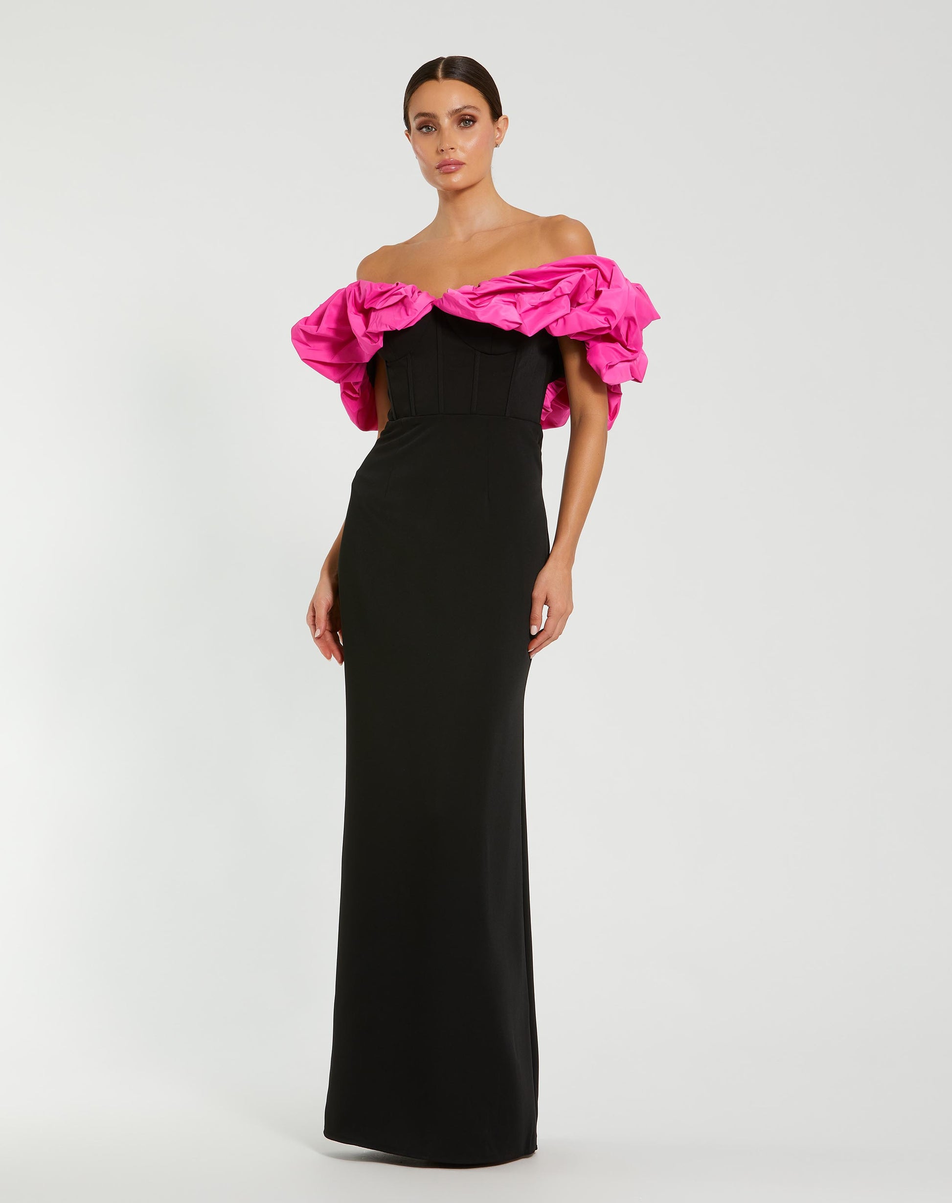 Mac Duggal - Black Crepe & Faille Off The Shoulder Gown - Black Hot Pink / US 2 Mac Duggal - Black Crepe & Faille Off The Shoulder Gown - Black Hot Pink / US 2