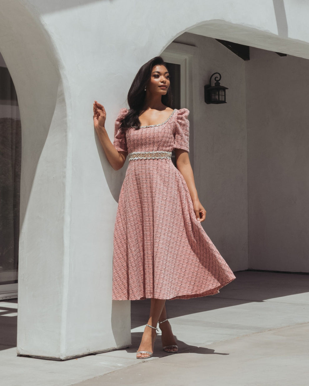 Puff Sleeve Boucle Midi Dress With Beaded Belt