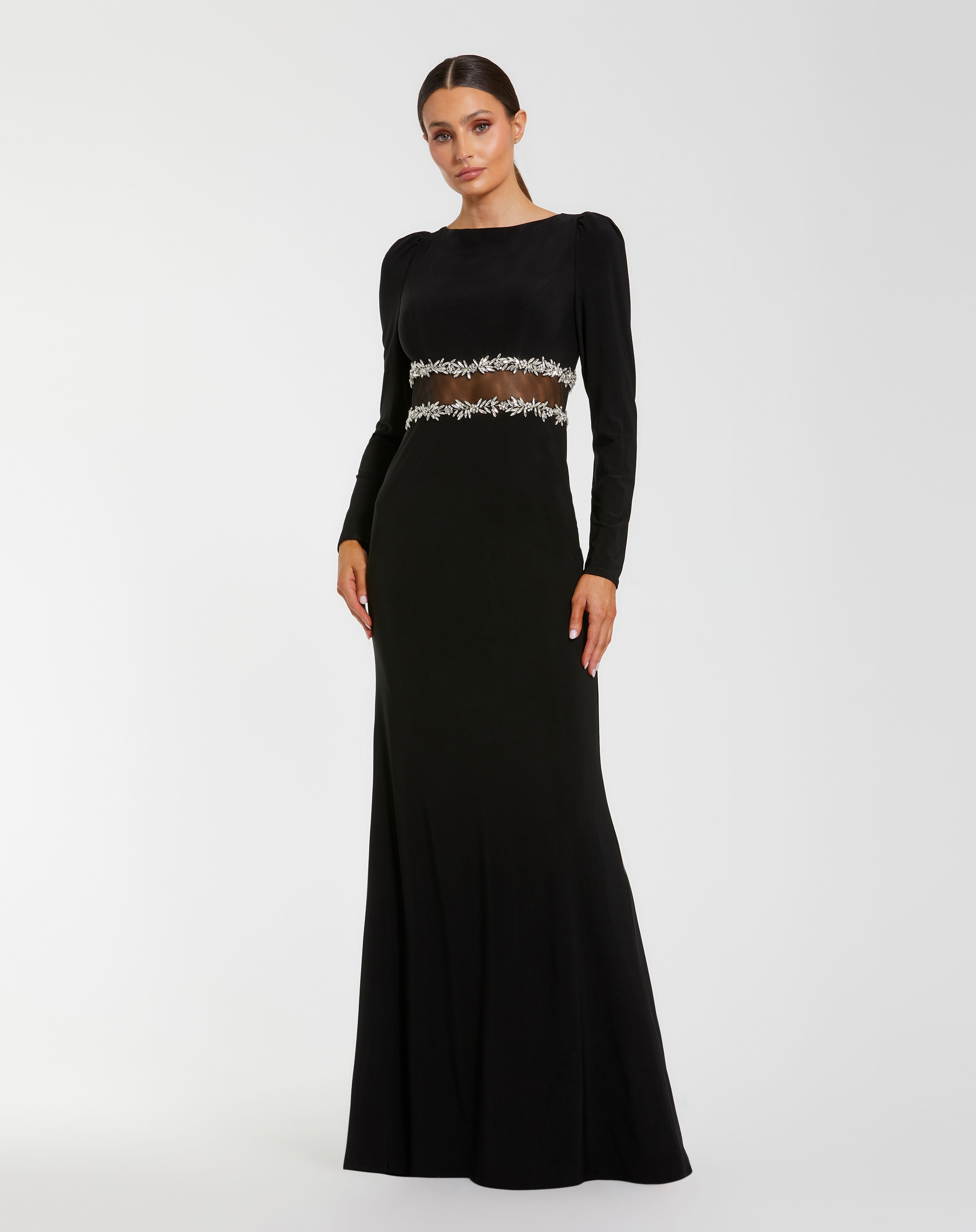 Black Bateau Floor-Length Crepe Formal Illusion Waist Mac Duggal 27695
