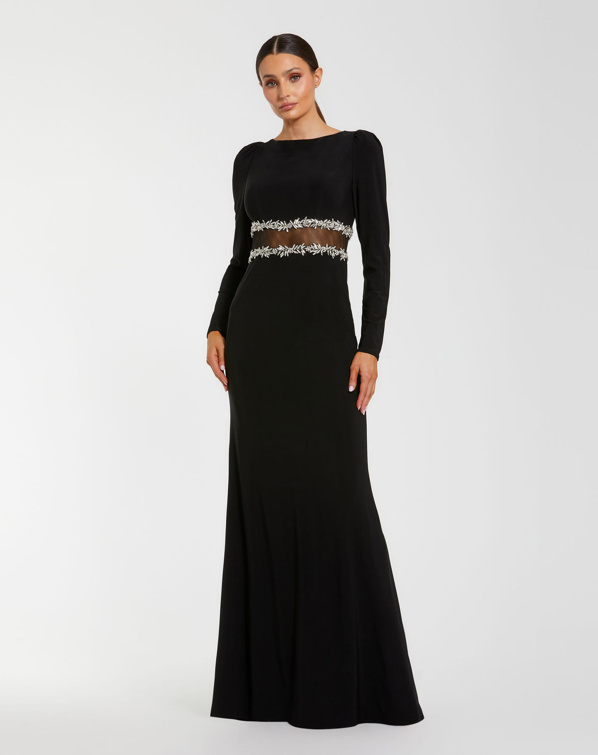 Black Bateau Floor-Length Crepe Formal Illusion Waist Mac Duggal 27695