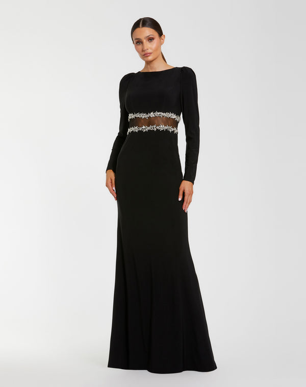 Bateau Floor-Length Crepe Formal Illusion Waist Mac Duggal 27695