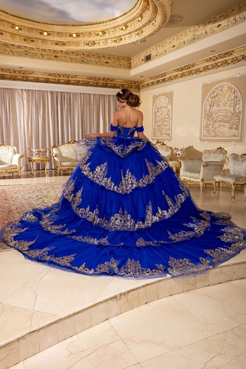 Off-the-Shoulder Floor-Length with Train Tulle Quinceañera Ball Gown May Queen LK302