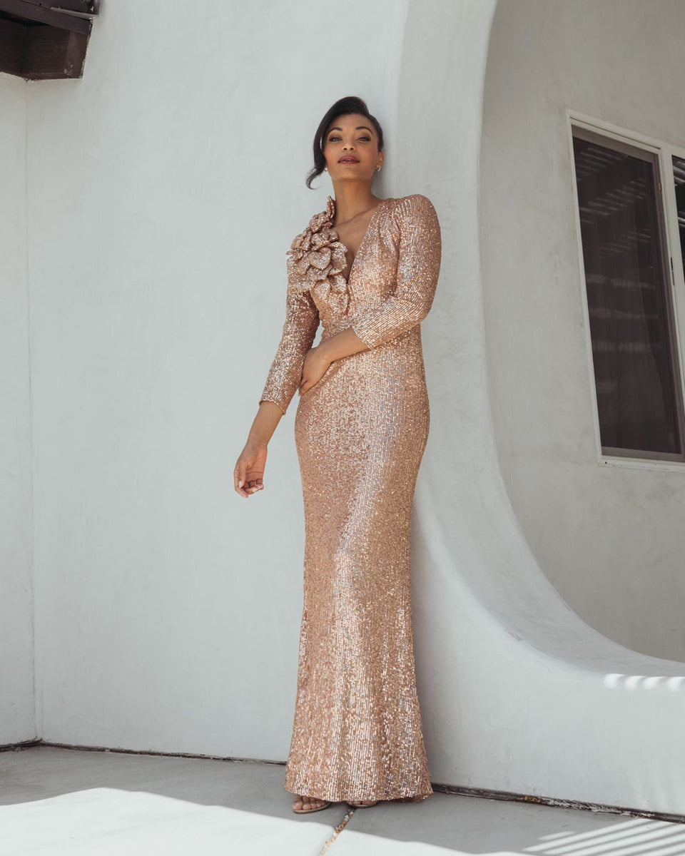 Mac Duggal V-Neck Long Sleeve 3D Floral Sequin Gown - Copper Mac Duggal V-Neck Long Sleeve 3D Floral Sequin Gown - Copper
