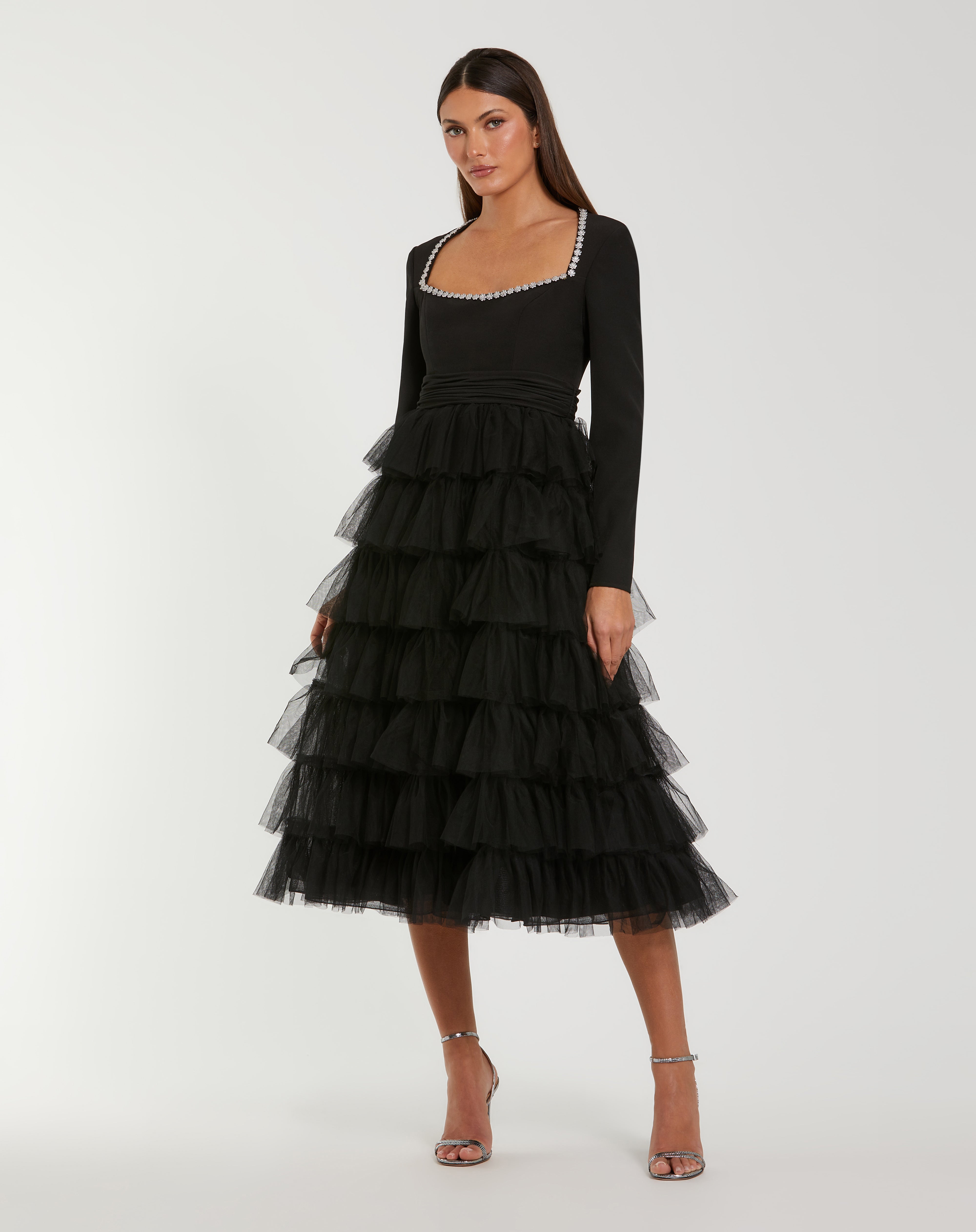 Black Square Neck Midi Tulle Tiered Cocktail Dress A-Line Mac Duggal 27707