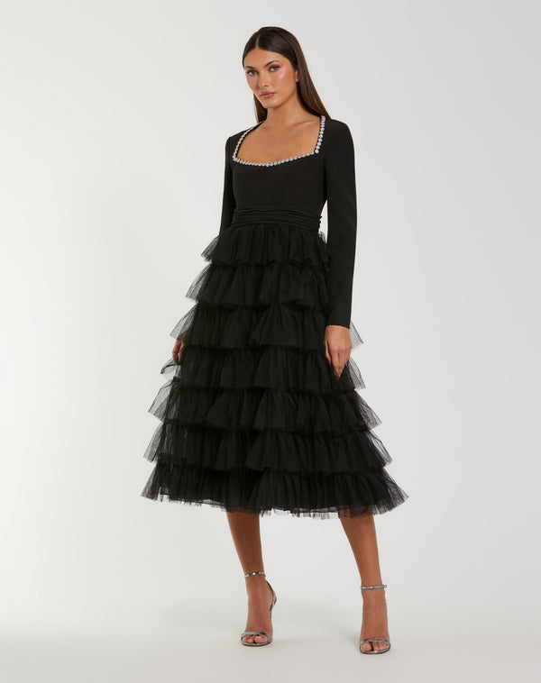 Square Neck Midi Tulle Tiered Cocktail Dress A-Line Mac Duggal 27707