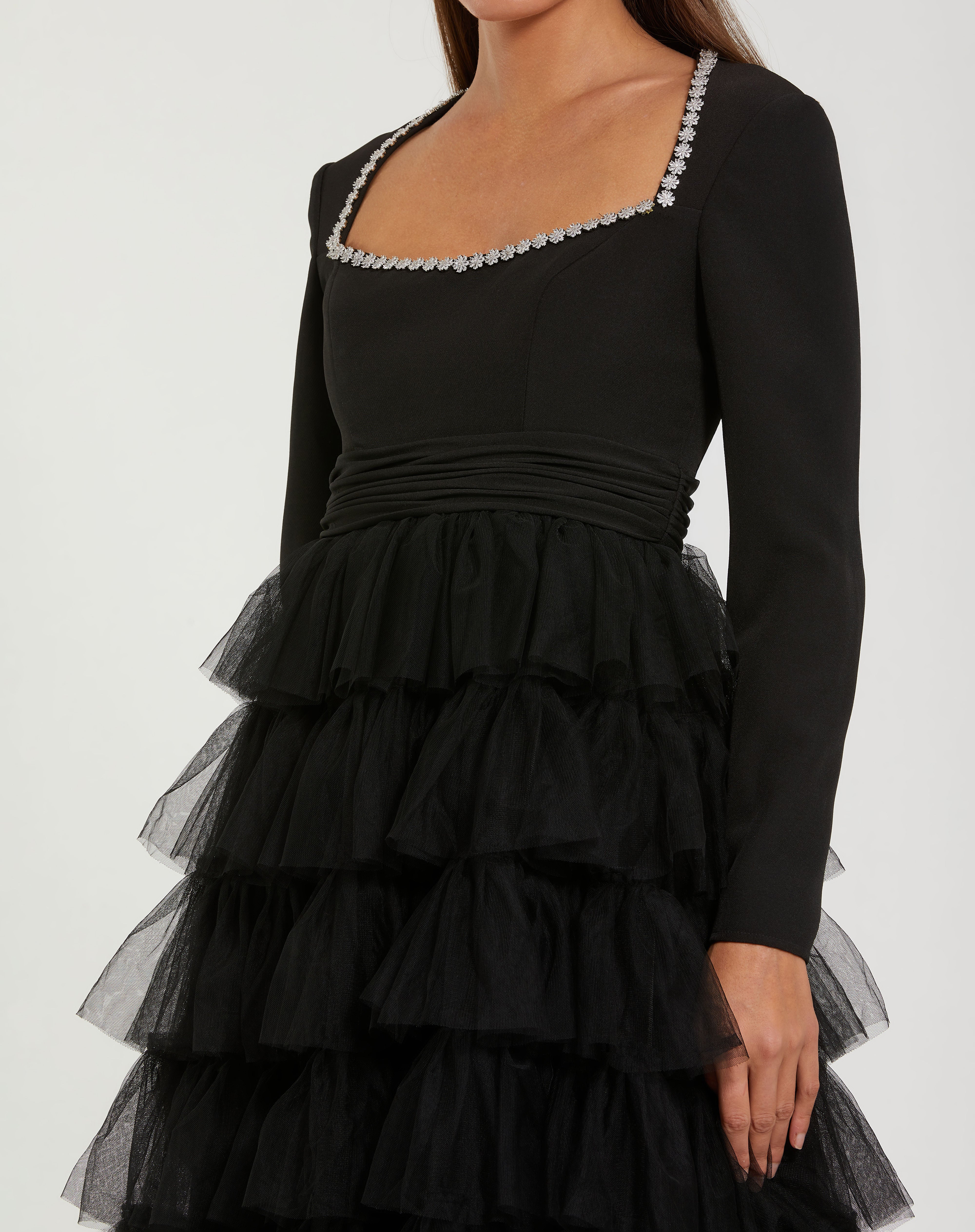 Black Square Neck Midi Tulle Tiered Cocktail Dress A-Line Mac Duggal 27707