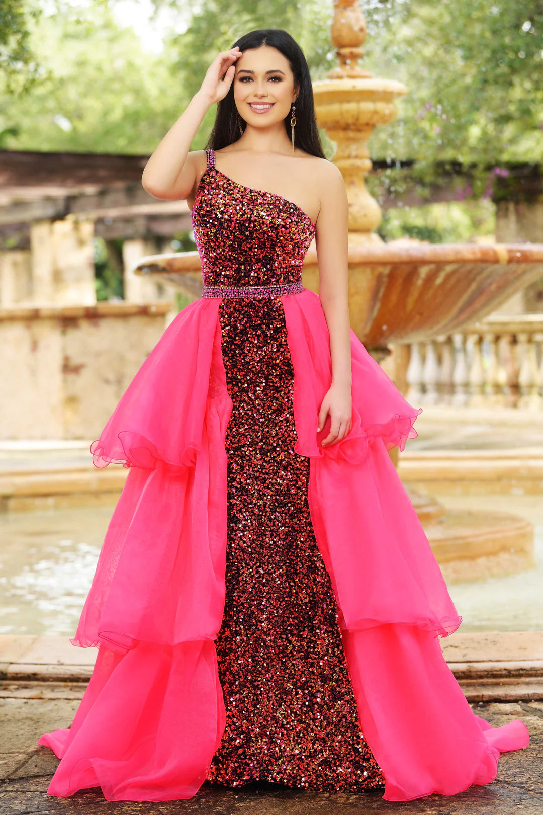 Prom Dresses Fitted Long Formal Overskirt Sequin Dress Iridescent Pink