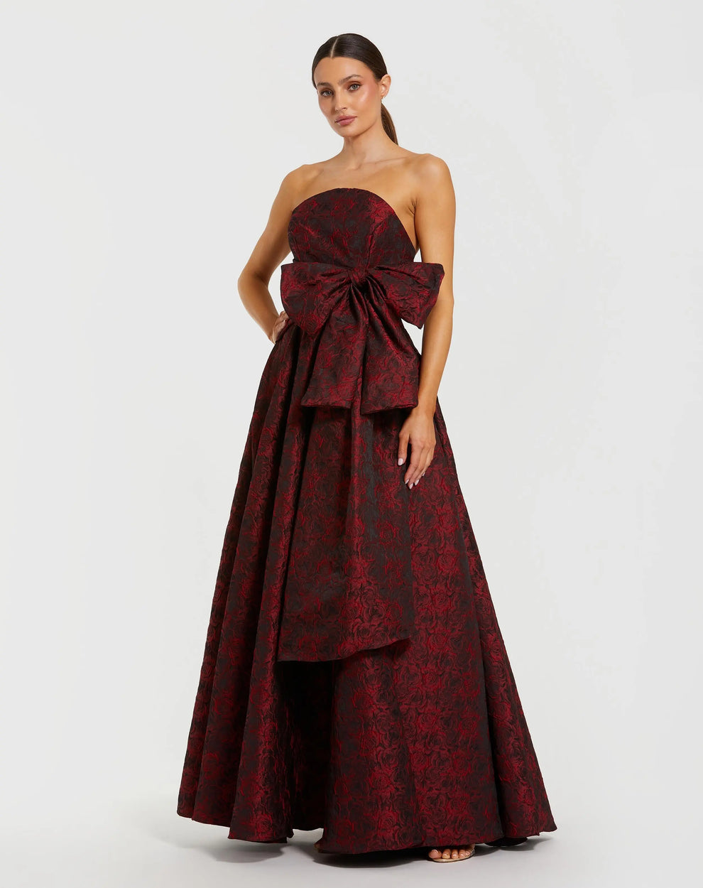 Ieena for Mac Duggal - Red Strapless Brocade Gown With Bow Detail - Ruby / US 10 Ieena for Mac Duggal - Red Strapless Brocade Gown With Bow Detail - Ruby / US 10