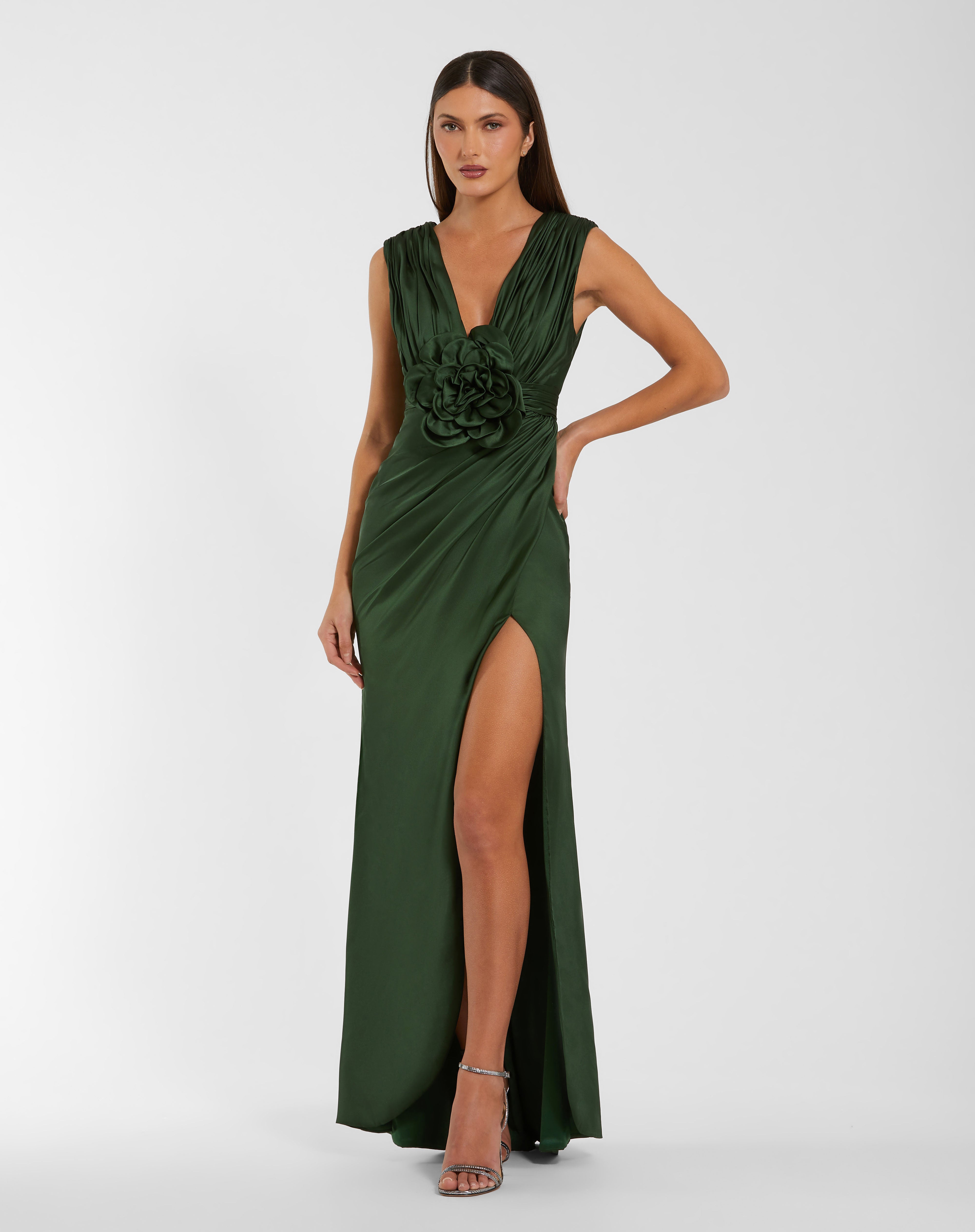 Pear V-Neck Floor-Length Satin Prom High Slit Gown Mac Duggal 27728