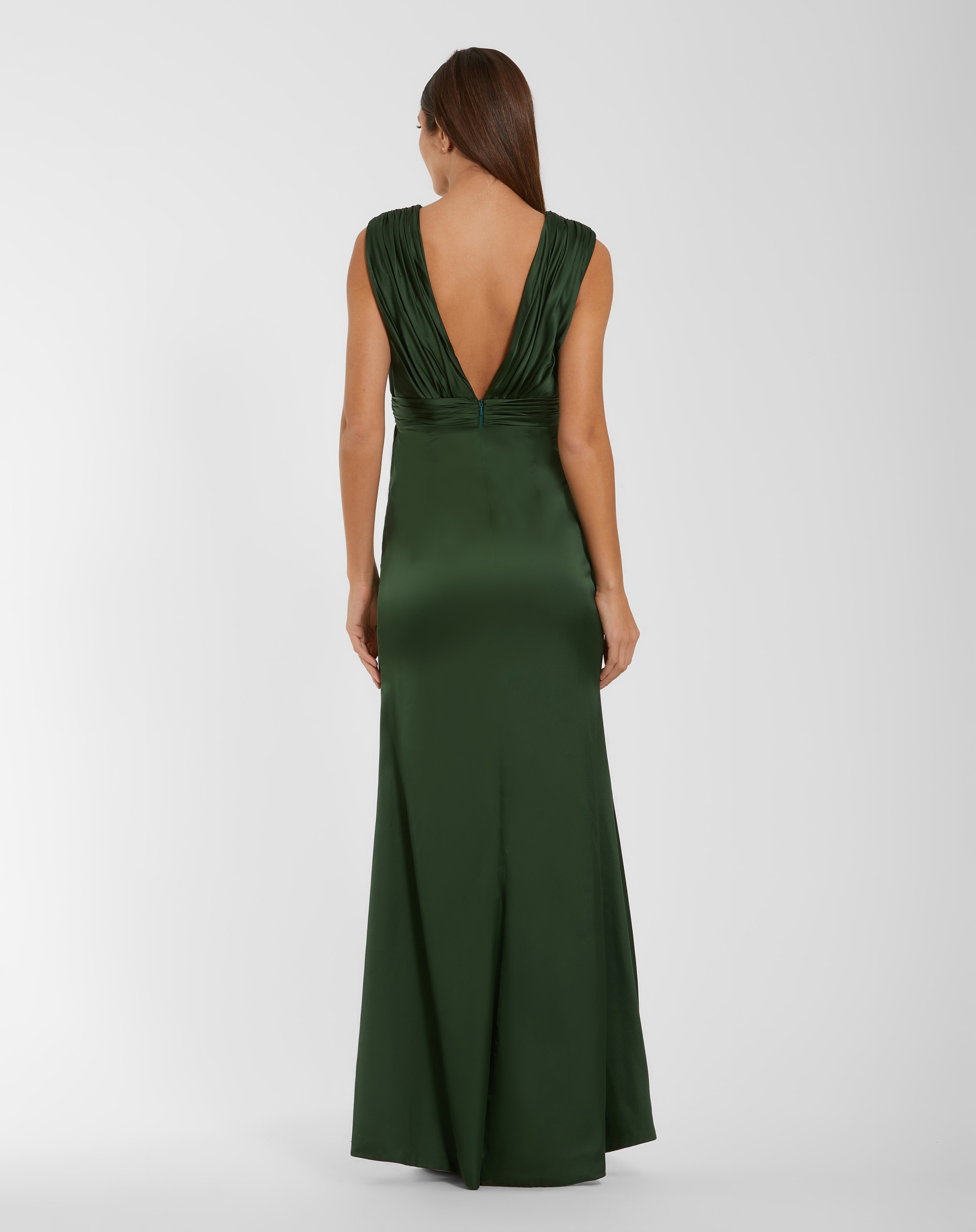 Pear V-Neck Floor-Length Satin Prom High Slit Gown Mac Duggal 27728