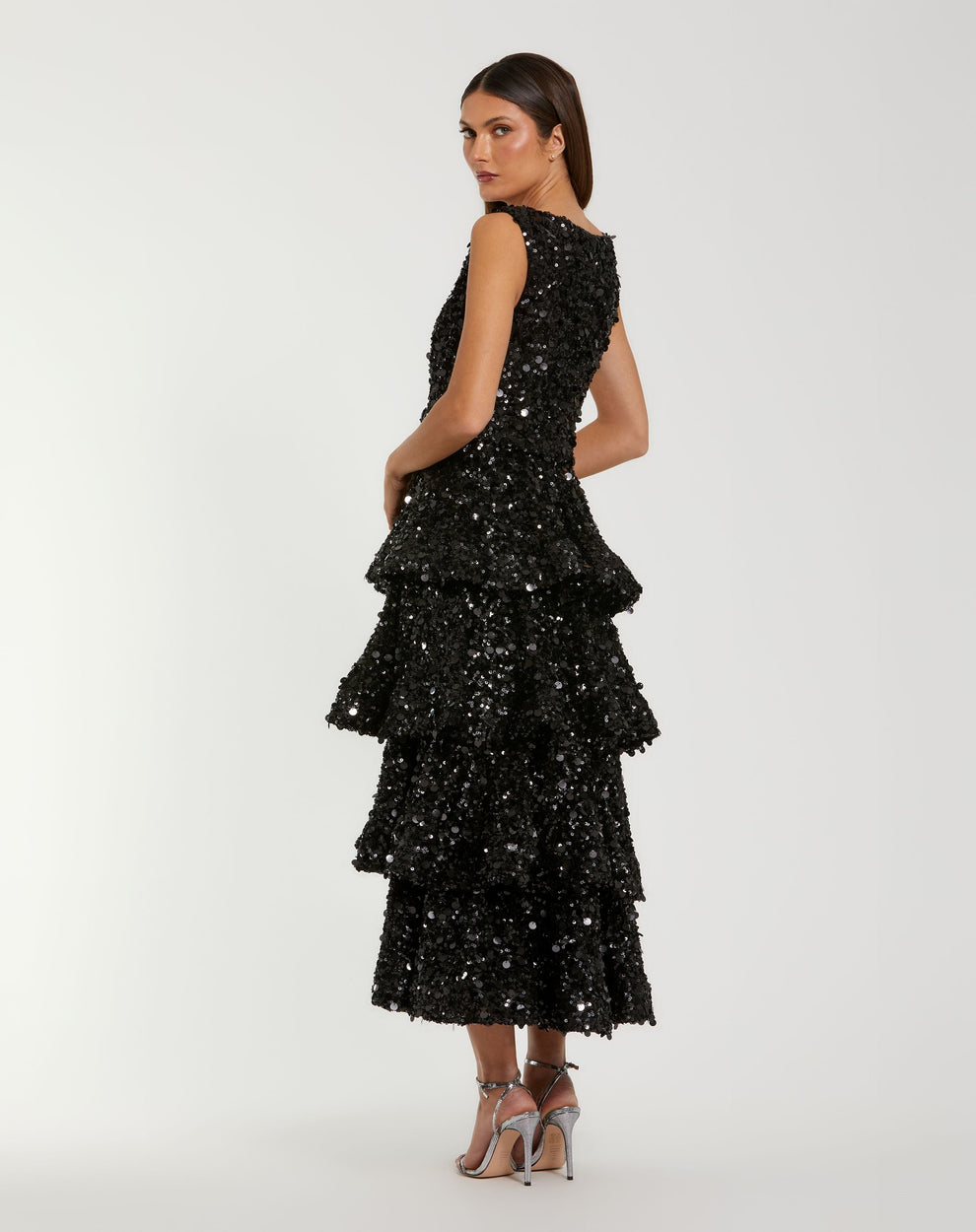 Mac Duggal 27733 Beaded A Line Sequin Ruffle Midi Length Dress