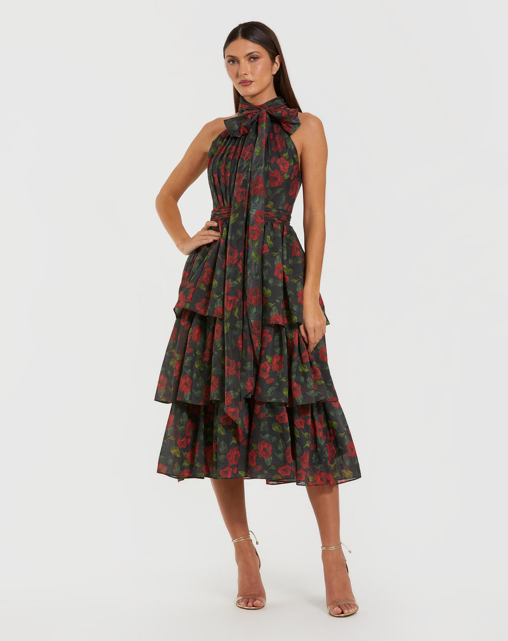 Mac Duggal Floral Chiffon Tiered Midi Dress with Bow