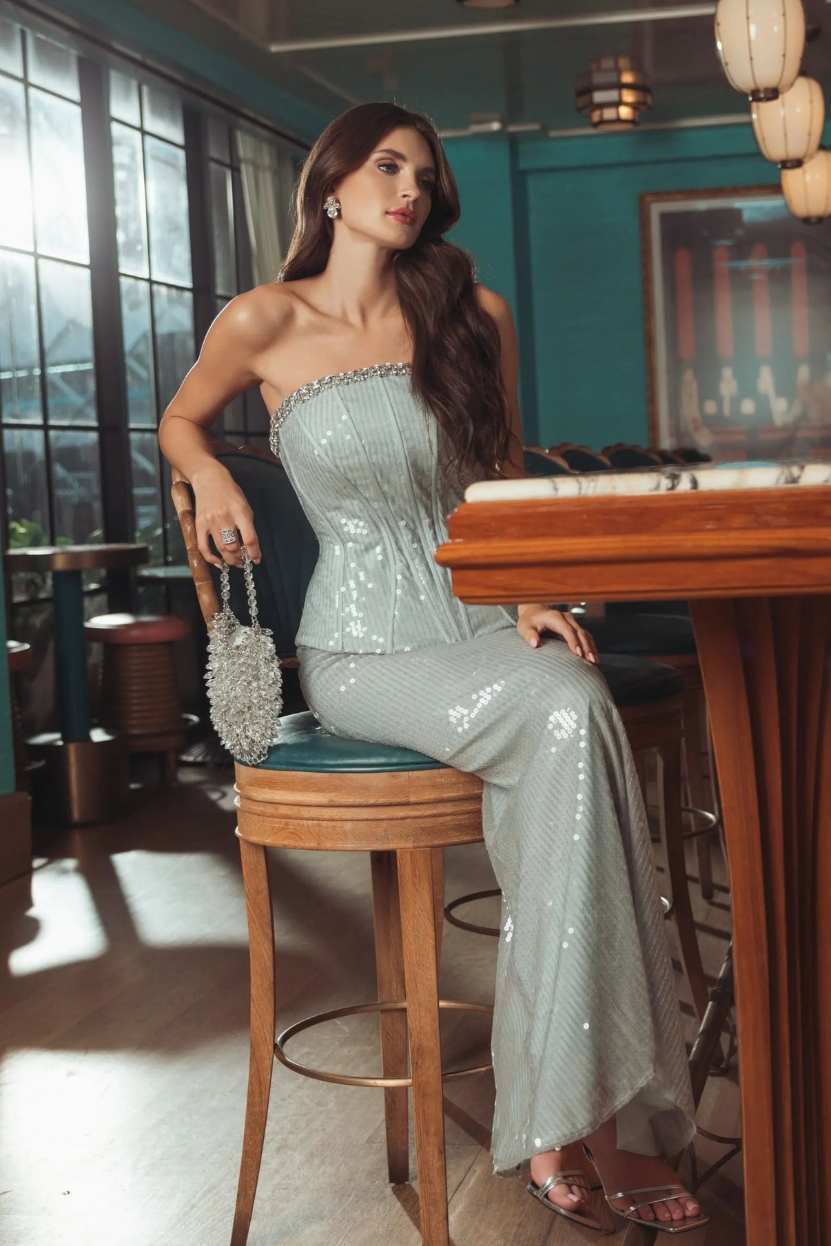 Strapless Floor-Length Sequin Evening Gown by Mac Duggal 27776 in Pale Blue