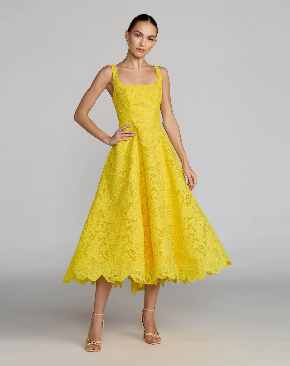 Mac Duggal Lace Sleeveless Scoop Neck Midi Dress With Pockets, Womens, 4, Butter Cup