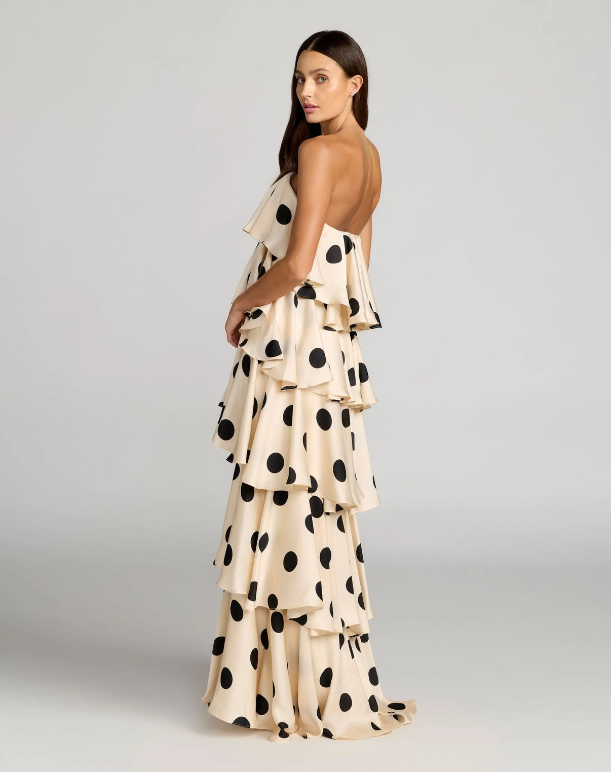 Strapless Long Polka Dot Formal Gown by Mac Duggal 27845 in Cream Black