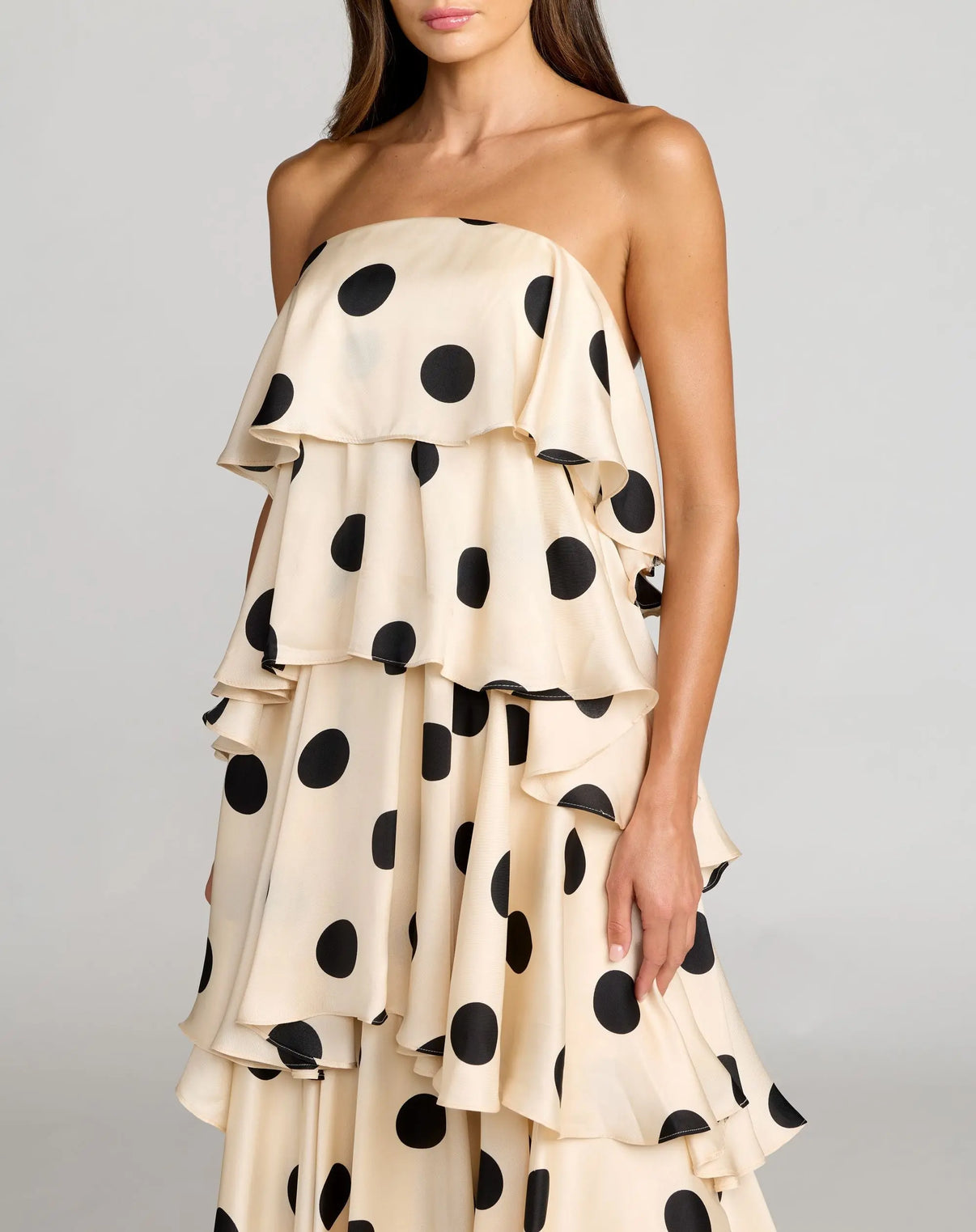 Strapless Long Polka Dot Formal Gown by Mac Duggal 27845 in Cream Black