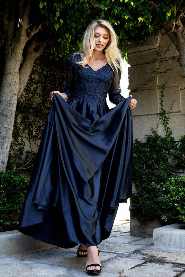 V-Neck Floor-Length Satin Formal A-Line Lenovia 8435