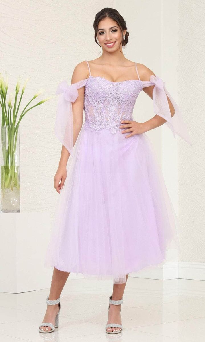 Off-the-Shoulder Tea-Length Tulle Prom A-Line May Queen 2089