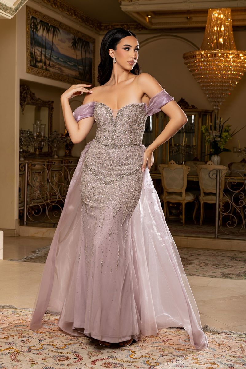 Mauve Off-the-Shoulder Floor-Length Mesh Prom Dress May Queen RQ8263