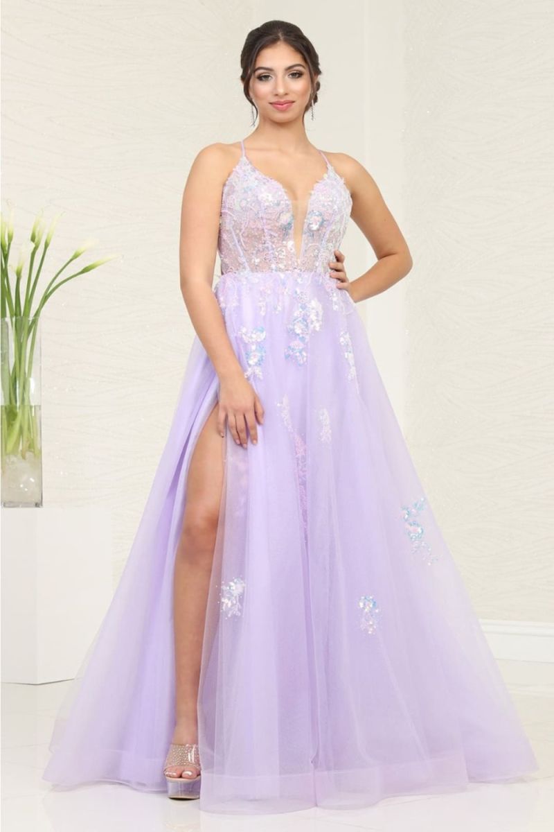 Lilac V-Neck Floor-Length Tulle Prom Dress High Slit May Queen RQ8136
