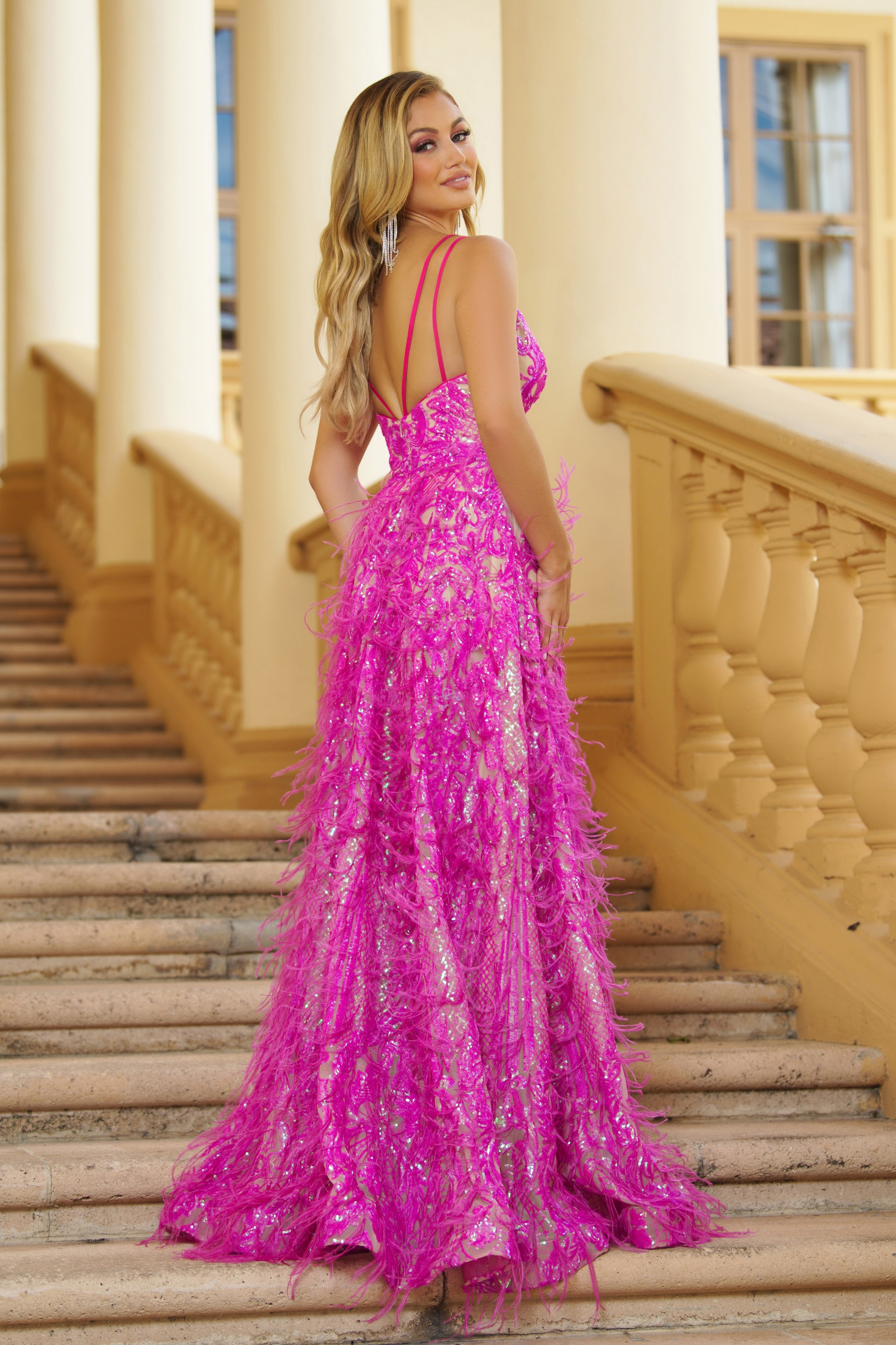 Prom Dresses Sequin Feather Formal Prom Long Dress Nude/Hot Pink