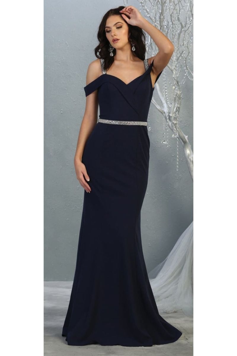 Navy Cold-Shoulder Floor-Length Jersey Prom Dress May Queen MQ1765