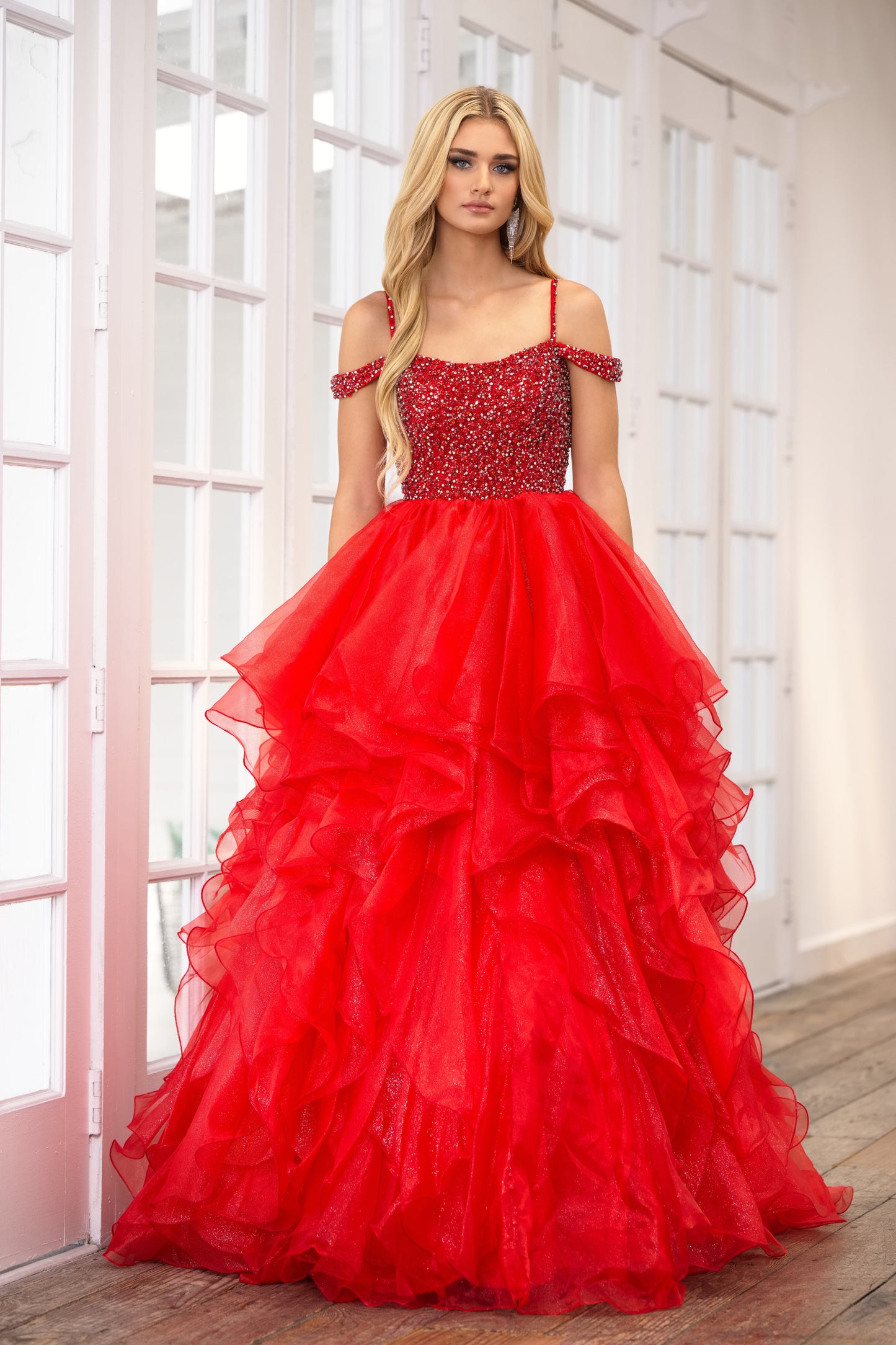 Prom Dresses Layered Ruffle Formal Prom Long Ball Gown Red