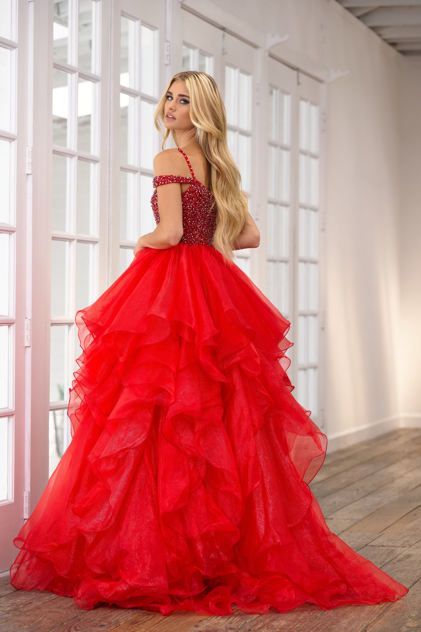 Prom Dresses Layered Ruffle Formal Prom Long Ball Gown Red