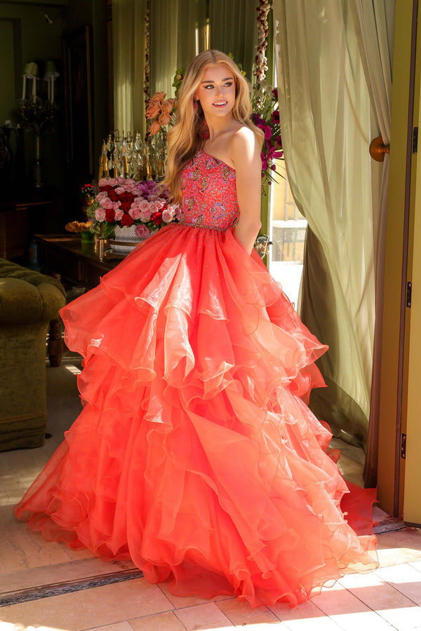 Ava Presley Strapless Beaded Tiered Ruffle Ball Gown 28575