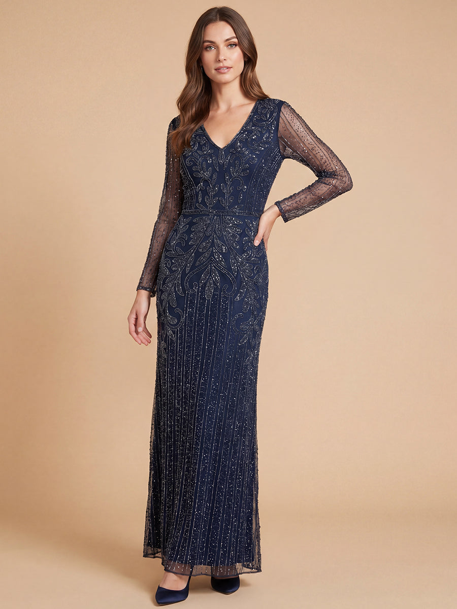 V-Neck Floor-Length Mesh Formal Sheath Lara 28841