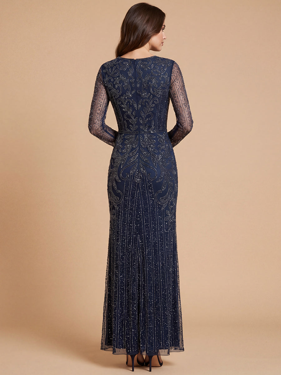 V-Neck Floor-Length Mesh Formal Sheath Lara 28841