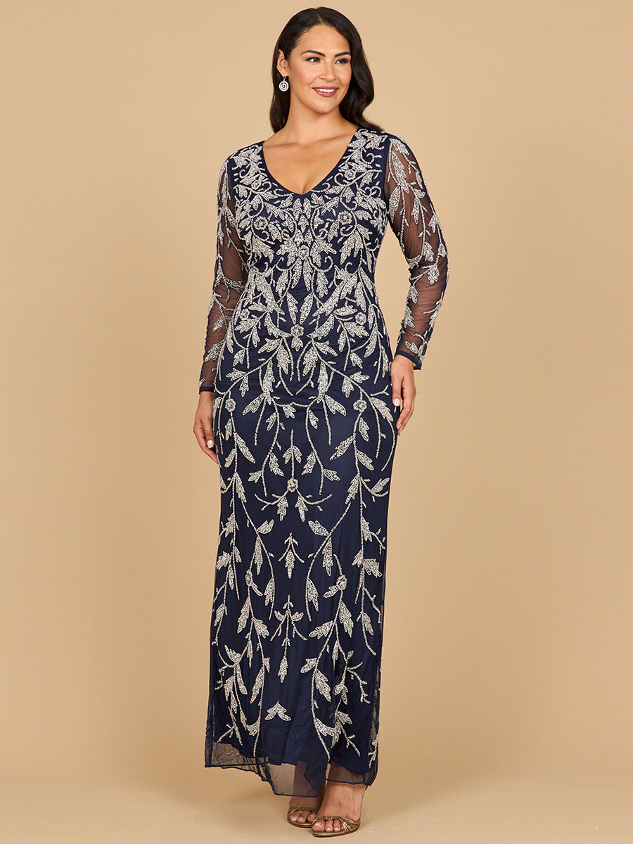 Mother of the Bride Dresses Long Sleeve Beaded Formal Fitted Mother of the Bride Dress Navy