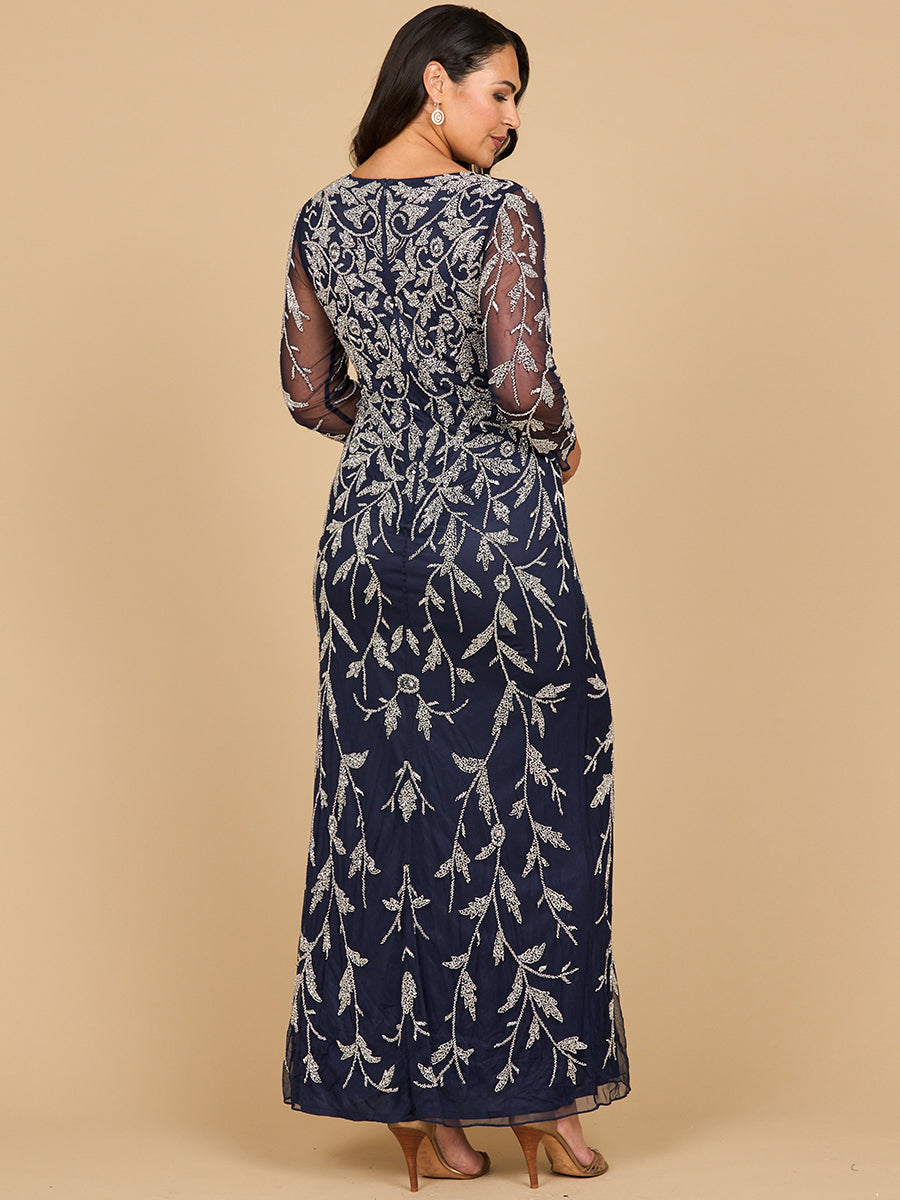 Mother of the Bride Dresses Long Sleeve Beaded Formal Fitted Mother of the Bride Dress Navy