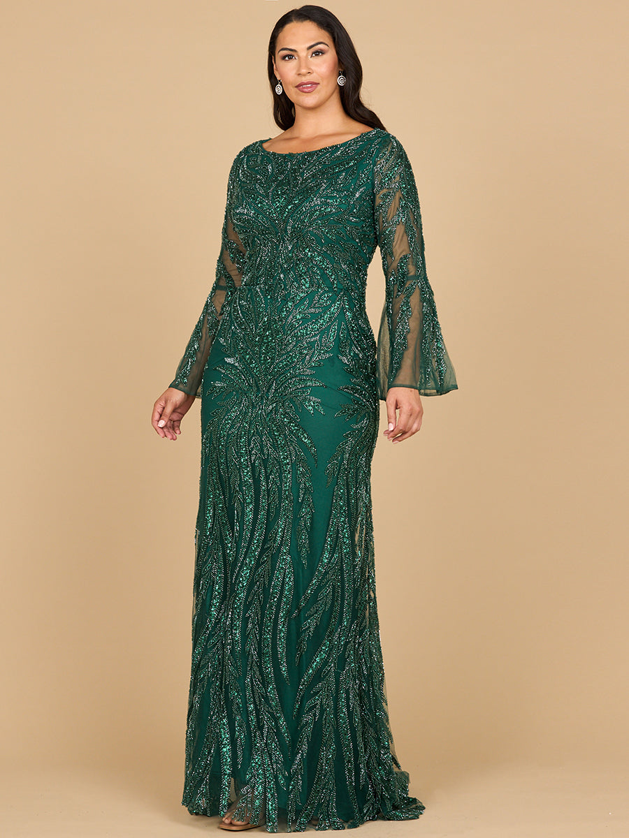 Mother of the Bride Dress Fitted Long Sleeve Beaded Formal Mother of the Bride Dress Dark Green