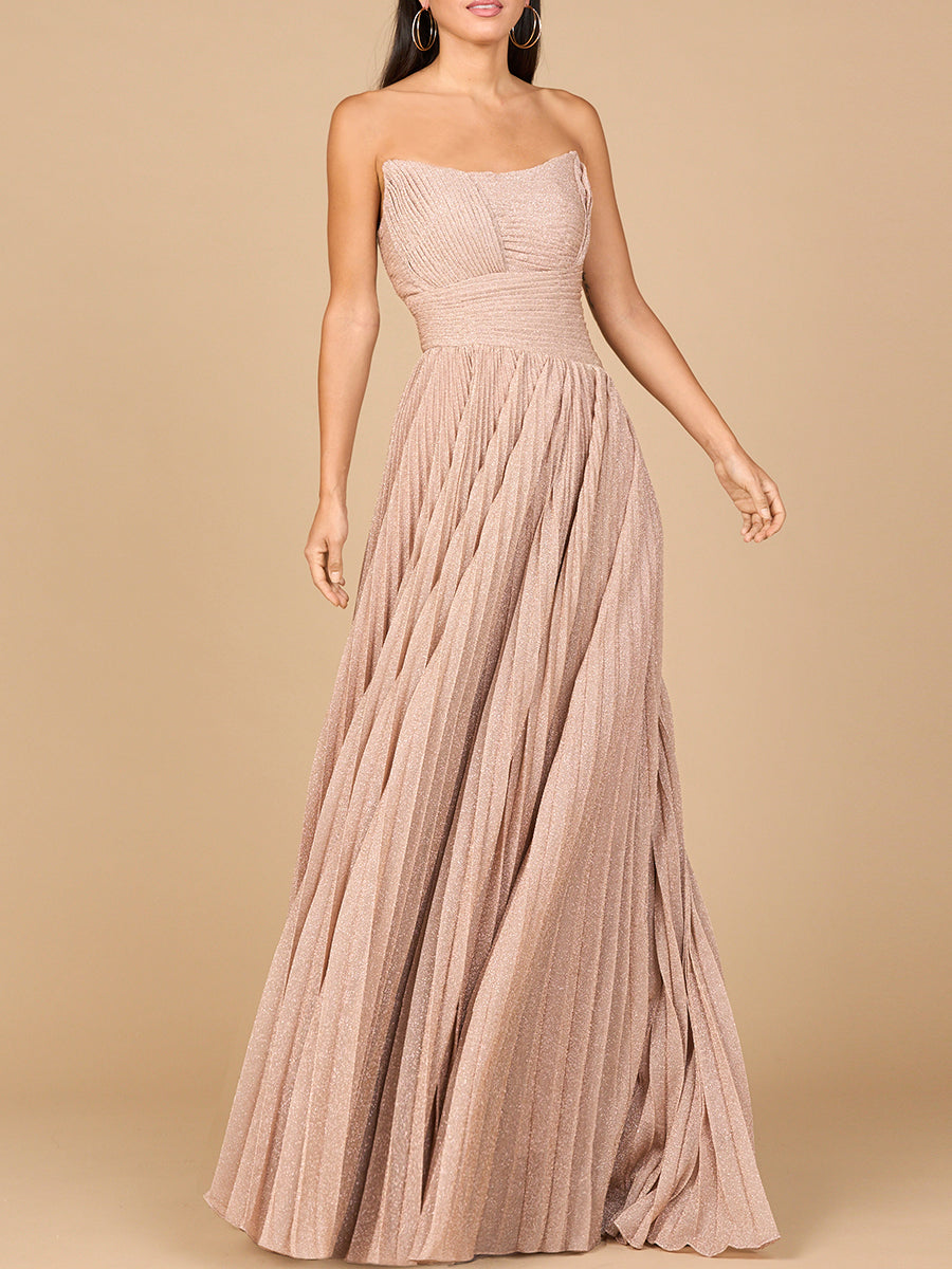 Lara Dresses 28932 Pleated Long Formal Metallic Prom Dress