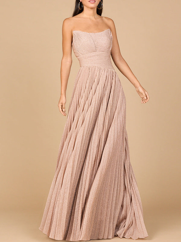 Lara Dresses 28932 Pleated Long Formal Metallic Prom Dress