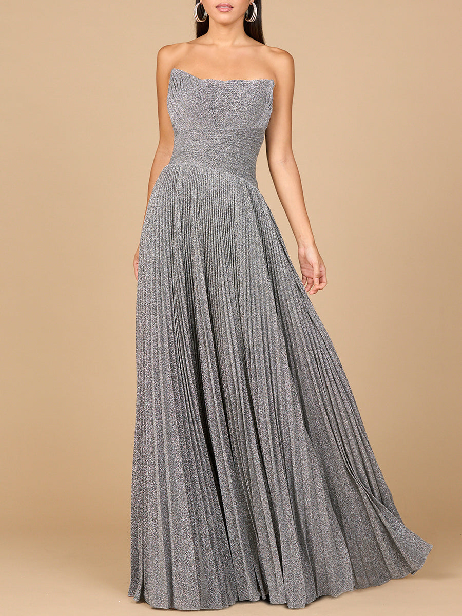 Lara Dresses 28932 Pleated Long Formal Metallic Prom Dress